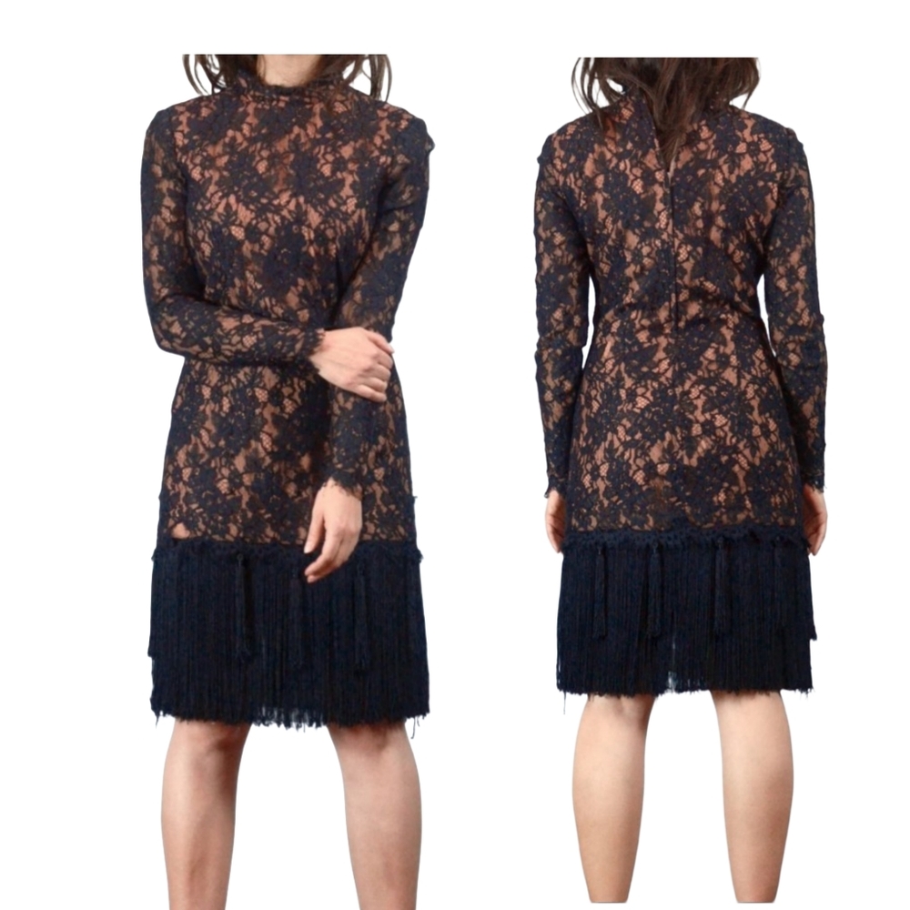 Saks Fifth Ave 80s Randall brooke formal Lace saying fringe cocktail  dress med